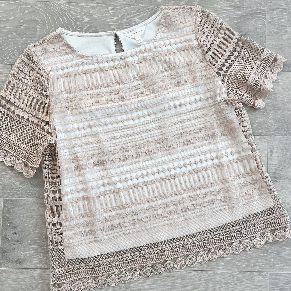 Adiva Beige Crochet Short Sleeve Top Large